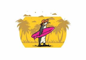 niedlicher pinguin, der ein surfbrett auf der strandillustration trägt vektor