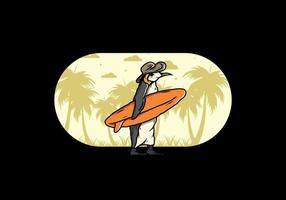 niedlicher pinguin, der ein surfbrett auf der strandillustration trägt vektor