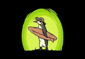 niedlicher pinguin, der ein surfbrett auf der strandillustration trägt vektor