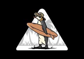 niedlicher pinguin, der ein surfbrett auf der strandillustration trägt vektor