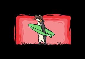 niedlicher pinguin, der ein surfbrett auf der strandillustration trägt vektor