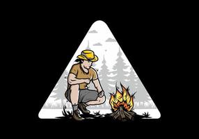 ein mann zündet eine lagerfeuerillustration an vektor