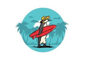 niedlicher pinguin, der ein surfbrett auf der strandillustration trägt vektor