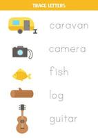 spåra namn på söta campingelement. skrivövning. vektor