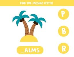 Finden Sie fehlende Buchstaben mit Palmen auf der Insel. Arbeitsblatt Rechtschreibung. vektor