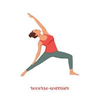 Frau macht umgekehrte Krieger-Yoga-Pose. flache vektorillustration lokalisiert auf weißem hintergrund vektor