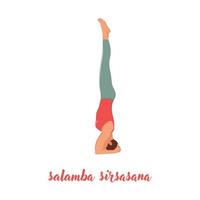 Frau, die Yoga-Konzept praktiziert, in Salamba-Sirsasana-Übung steht, Kopfstand-Pose, Training, flache Vektorillustration isoliert auf weißem Hintergrund vektor