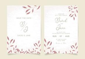 bröllopsinbjudan kort mall set med löv dekoration. abstrakt textur bakgrund spara datum, inbjudan, gratulationskort, mångsidig vektor