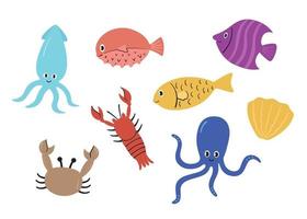 söt tecknad skaldjursfisk. krabba, bläckfisk, skal, puffer, fjärilsfisk. vektor illustration