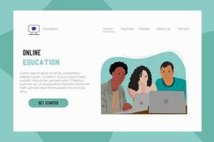 erster Landing-Page-Bildschirm für Online-Universität mit Illustration einer Gruppe von Studenten verschiedener Rassen