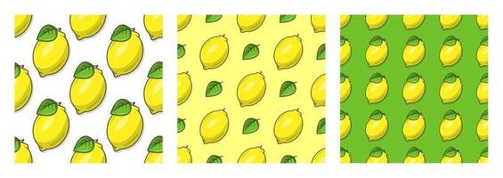 uppsättning sömlösa mönster av saftiga mogna gula citroner med löv. tryck för textilier, vykort m.m. vektor