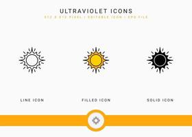 Ultraviolette Symbole setzen Vektorillustration mit solidem Symbollinienstil. sonnenschutzkonzept. editierbares Strichsymbol auf isoliertem weißem Hintergrund für Webdesign, Benutzeroberfläche und mobile App vektor