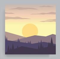 schöner und friedlicher minimalistischer flacher geometrischer Landschaftsvektor. berge von kiefern auf einem sonnenaufgangshintergrund. reise, natur, hintergrund, plakat, titelbild.