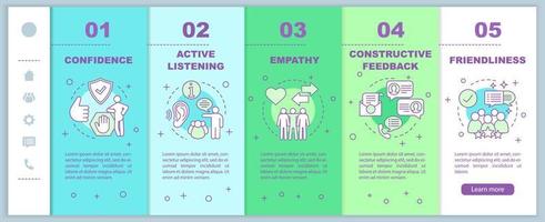 Kommunikationsfähigkeiten beim Onboarding mobiler Webseiten Vektorvorlage. persönliche Qualitäten. Zuhören, Empathie. Responsive Smartphone-Website-Oberfläche. Webseiten-Walkthrough-Schrittbildschirme. Farbkonzept vektor
