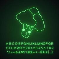 broccoli söt kawaii neonljus karaktär. grönsak med leende ansikte. glad mat. rolig emoji, uttryckssymbol, kyss. glödande ikon med alfabetet, siffror, symboler. vektor isolerade illustration