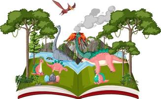 Aufgeschlagenes Buch mit verschiedenen Dinosauriern im Wald vektor