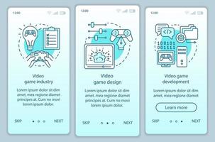 Bildschirmvektorvorlage für die Onboarding-Seite der Videospielbranche für mobile Apps. Entwicklung von Computerspielen, Design. Walkthrough-Website-Schritte mit linearen Illustrationen. ux, ui, gui smartphone-schnittstellenkonzept vektor