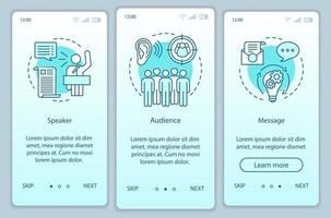 retorisk triangel onboarding mobil app sida skärm vektor mall. ledarskapsförmåga. talare, publik, budskap. genomgång av webbplatssteg med linjeikoner. ux, ui, gui smartphone-gränssnitt