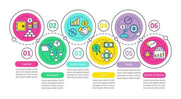 business vektor infographic mall. kapital, utdelning, investeringar, kostnad, vinst, aktier och aktier. datavisualisering med sex steg och alternativ. process tidslinjediagram. arbetsflödeslayout med ikoner