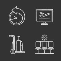 Flughafen-Service-Kreide-Icons gesetzt. Umplanen, Flugplan, Gepäckwagen, Wartehalle. isolierte vektortafelillustrationen vektor