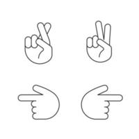 Handbewegung Emojis lineare Symbole gesetzt. dünne Linienkontursymbole. glück, lüge, sieg, frieden gestikulieren. Rückhandzeiger zeigt nach links und rechts. isolierte vektorumrissillustrationen. editierbarer Strich vektor