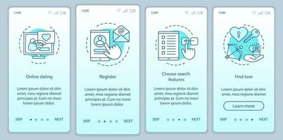 online dating onboarding mobil app sida skärm vektor mall. registrera dig, välj sökfunktioner, hitta instruktioner på kärlekswebbplatsen med linjära illustrationer. ux, ui, gui smartphone gränssnitt koncept