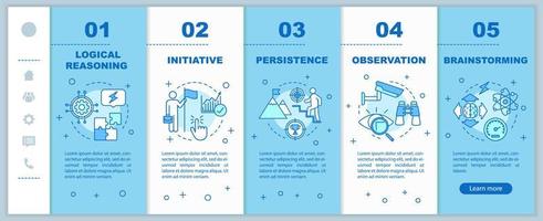 mentale Fähigkeiten beim Onboarding mobiler Webseiten Vektorvorlage. hr weiche Qualitäten. Beobachtung, Brainstorming. reaktionsschnelle smartphone-website-schnittstellenidee. Webseiten-Walkthrough-Schrittbildschirme. Farbkonzept vektor