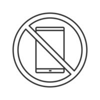 Verbotenes Schild mit linearem Symbol für Mobiltelefone. dünne Liniendarstellung. kein Smartphone-Verbot. Kontursymbol stoppen. Vektor isoliert Umrisszeichnung