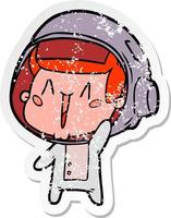 bedrövad klistermärke av en glad tecknad astronaut vinkar vektor