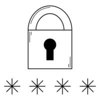 handritat stängt lås med ett fält för att ange ett lösenord. datasäkerhetsskydd. doodle stil. skiss. vektor illustration