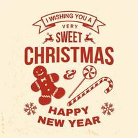 Jag önskar dig en mycket söt jul och gott nytt år stämpel, klistermärke med snöflingor, julgodis, kaka. vektor. vektor