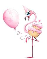 flamingo mit rosa kuchen, ballon und geburtstagskappe vektor