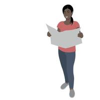 Porträt eines schwarzen Mädchens mit einer Karte in ihren Händen, Vektor isoliert auf weißem Hintergrund, Straßenreisen