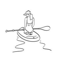 kvinna i baddräkt med keps som sitter på sup ombord och håller paddel illustration vektor handritad isolerad på vit bakgrund linjekonst.