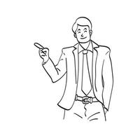 linjekonst affärsman klädd i kostym med slips och pekar på ett copyspace med sitt finger illustration vektor handritad isolerad på vit bakgrund