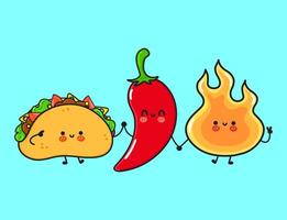 söt, rolig glad eld chilipeppar och tacos. vektor handritad serie kawaii tecken, illustration ikon. rolig tecknad brand chilipeppar och tacos maskot karaktär koncept