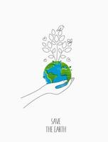 miljövänligt koncept. eko med världen, världskarta och händer för att spara miljö, rädda ren grön planet, ekologikoncept. kort för världens jorddag. vektor design