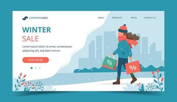 Frau mit Verkaufstaschen im Winter Landing Page vektor