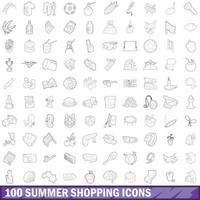 100 Sommer-Shopping-Icons gesetzt, Umrissstil vektor