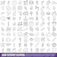 100 Story-Icons gesetzt, Umrissstil vektor