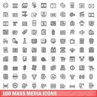 100 massmedia ikoner set, kontur stil vektor