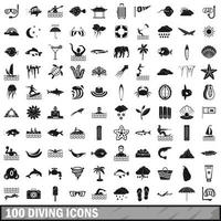 100 dykning ikoner set, enkel stil vektor