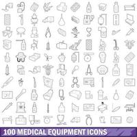 100 medicinsk utrustning ikoner set, kontur stil vektor