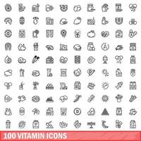 100 vitamin ikoner set, kontur stil vektor