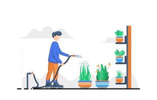 flaches Design Illustration Mann mit Pflanzen und Wasser vektor