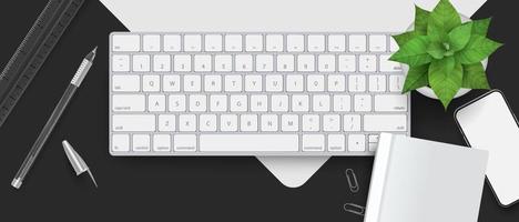 sauberer minimaler büroarbeitsplatz mit 3d-realistischer tastatur, notiz, smartphone, schreibtischpflanzenvektor vektor