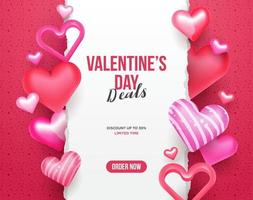 3D süße Valentinstag Sale Promo Banner Karte mit dekorativen Herzen und zerrissenem Papier für Text eps10 Vektorvorlage Hintergrund vektor