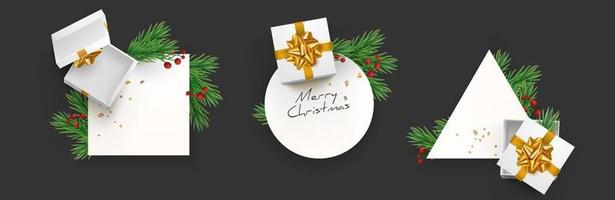 satz des modernen eleganten weihnachtsgeometrischen rahmens mit realistischer tannenzweiggirlande, geschenkbox und dekoration eps10 vektorschablone