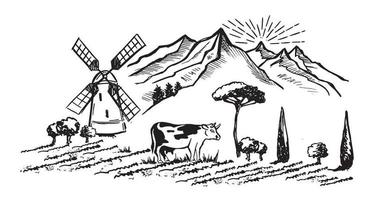 Berglandschaft. Kuh in schwarz. Windmühle. skizzenstil, vektorillustration. vektor