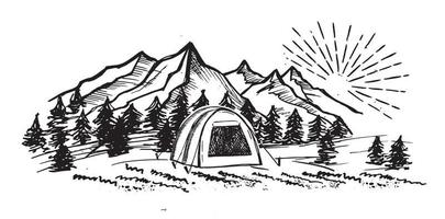 Camping in der Natur, Berglandschaft, Skizzenstil, Vektorgrafiken. vektor